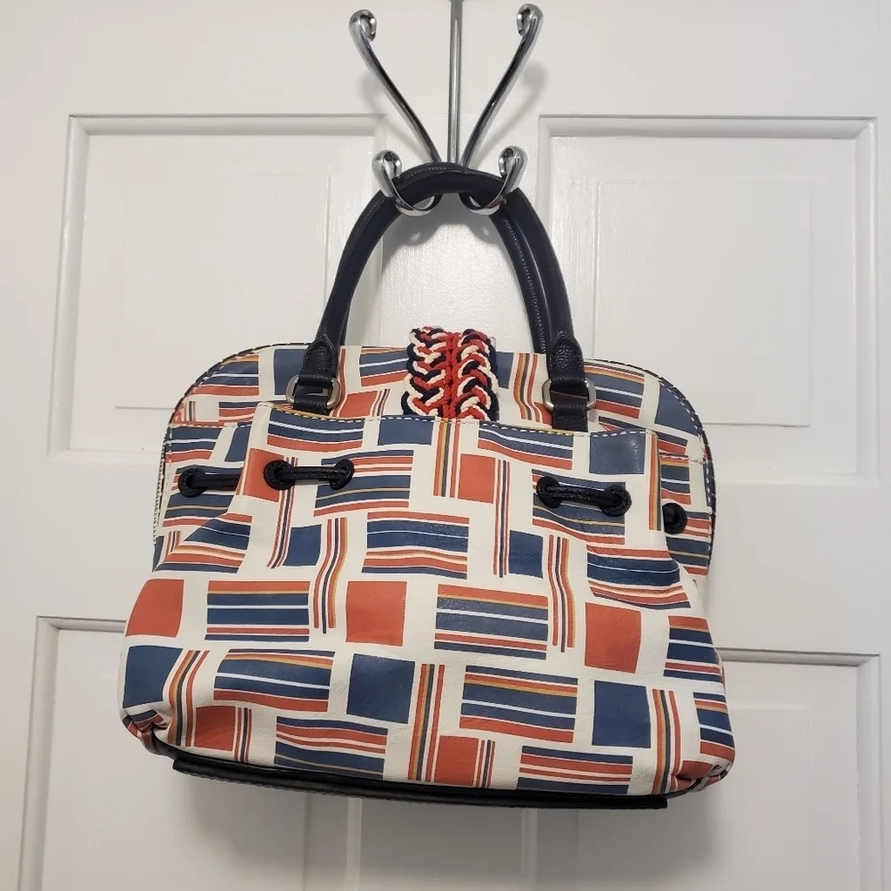 Nautical Print Fashion Satchel Red, Blue White, Double Handle, Flap/zip Close